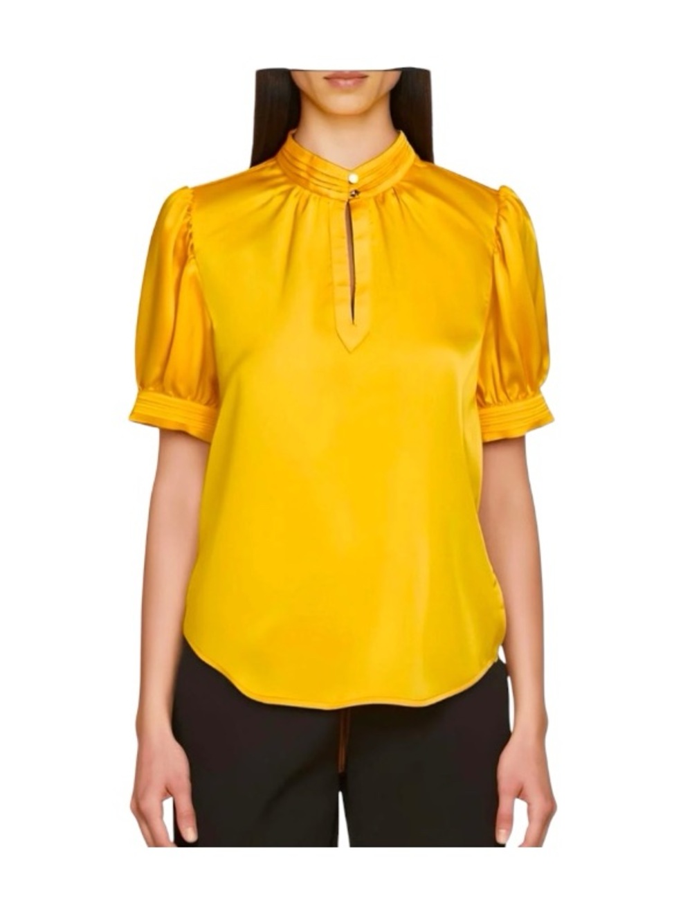 Karl Lagerfeld Yellow Gold Orange Satin Blouse Puff Sleeve Mockneck Large